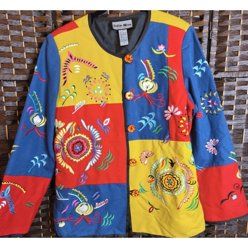 Indigo Moon Patchwork Embroidered Jacket Colorblock Boho Art To Wear Small